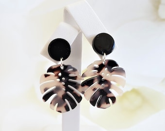 Small Monstera earrings, Tortoise shell earrings, acetate earrings, acrylic earrings