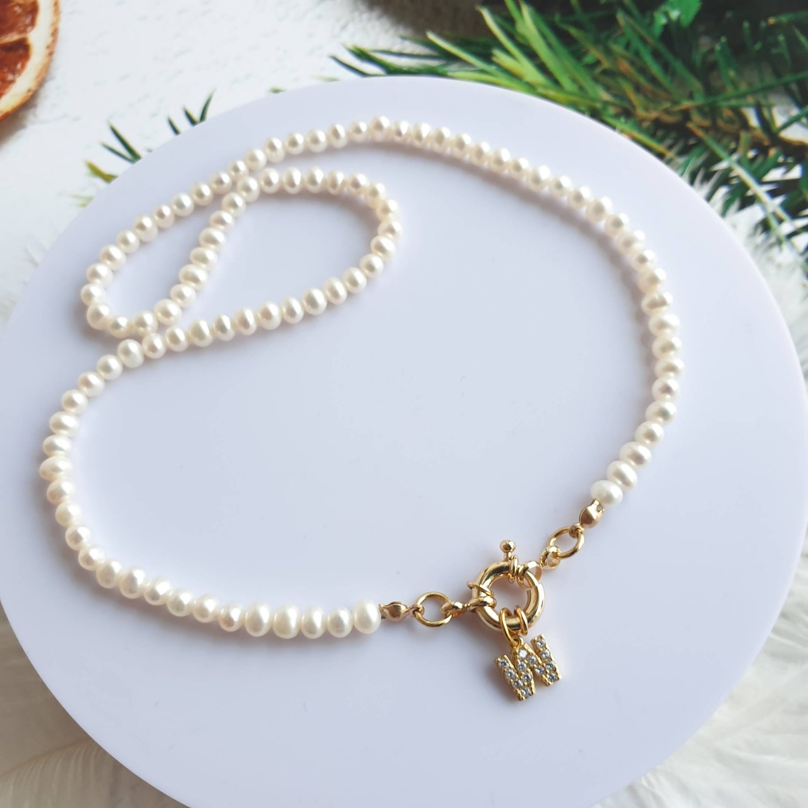 Personalized Pearl Choker Necklace With Gold Initial Pendant Etsy