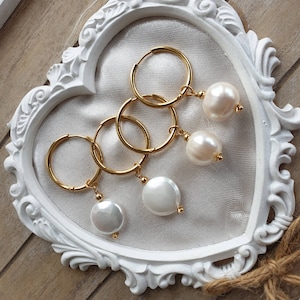 Pearl drop earrings, coin pearl earrings, Baroque pearl hoops, real pearl earrings, Pearl hoop earrings
