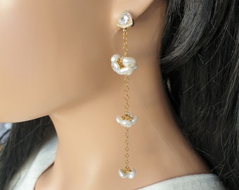 Pearl Cluster Earrings Wedding Jewelry for women, Bridesmaid Gift for Her, Long Bridal Earrings with Freshwater Pearls