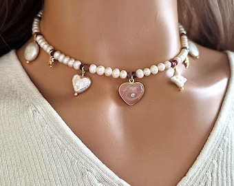 Freshwater Pearl Necklace with Natural Rose Quartz Heart Pendant and Cute Charms, Multi Charm Necklace, Aesthetic necklace, Colorful Jewelry