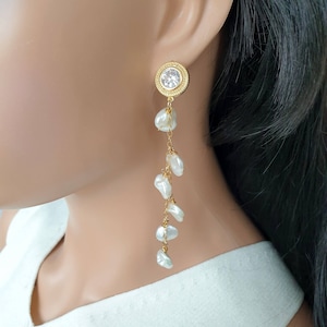 Long Bridal Earrings with Freshwater Pearls, Freshwater Pearl Cluster Earrings, Keshi Pearl Earrings, Wedding Jewelry, Bridesmaid Gift