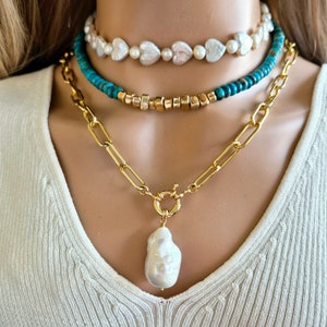 Paperclip Chain Necklace for Women with Big Baroque Pearl Pendant, Chunky Gold Chain Necklace, Oval Link Necklace, Gift for Her