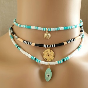 Heishi necklace, Surfer jewelry, Beach choker, Evil eye choker, White beaded choker