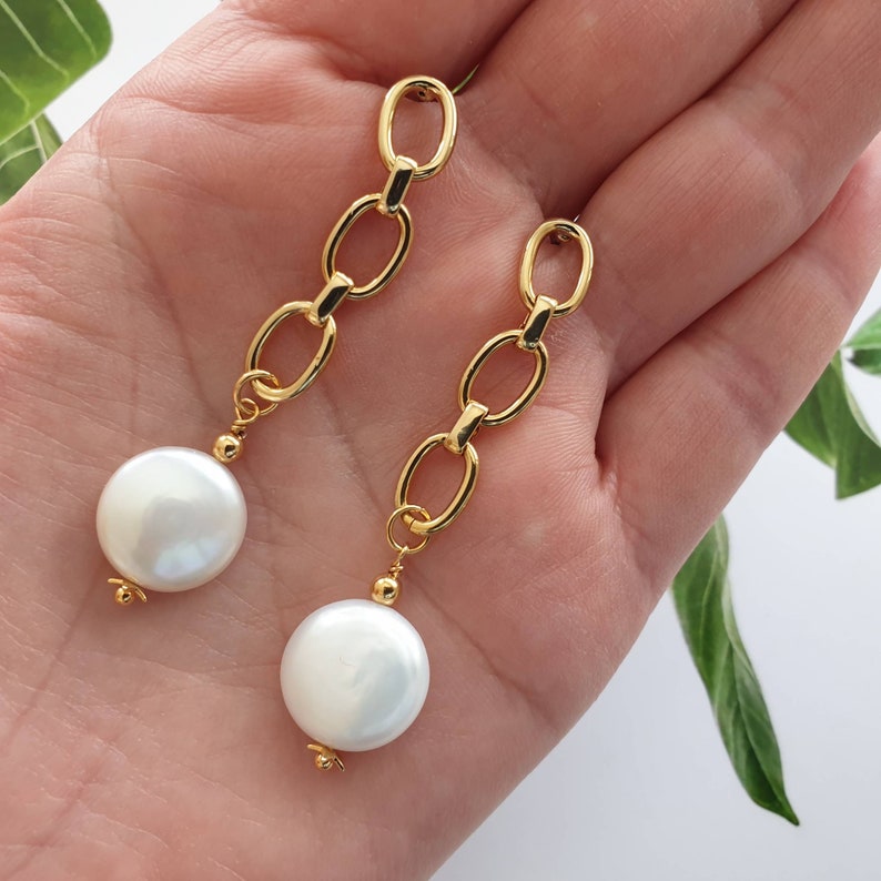 Coin pearl earrings, Baroque pearl jewelry, Link chain earrings, Real pearl earrings image 9