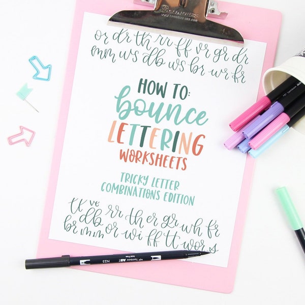 Tricky Letter Combinations Bounce Lettering Worksheets, Hand Lettering Worksheets, Brush Pen Worksheets, Instant Download