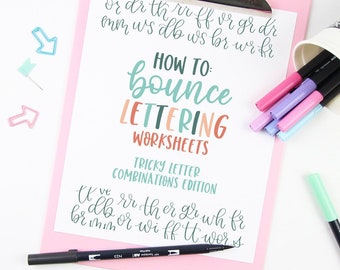 Tricky Letter Combinations Bounce Lettering Worksheets, Hand Lettering Worksheets, Brush Pen Worksheets, Instant Download