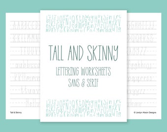 Tall and Skinny Lettering Worksheets, Monoline Hand Lettering Worksheets, Brush Pen Worksheets, Instant Download
