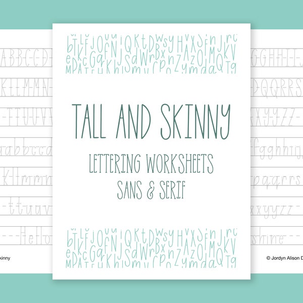 Tall and Skinny Lettering Worksheets, Monoline Hand Lettering Worksheets, Brush Pen Worksheets, Instant Download