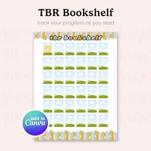 May include: A TBR Bookshelf tracker with the text "track your progress as you read." The design features a grid of image boxes with a landscape scene, a checkmark, and the text "tbr bookshelf." The design includes the "edit in Canva" logo.