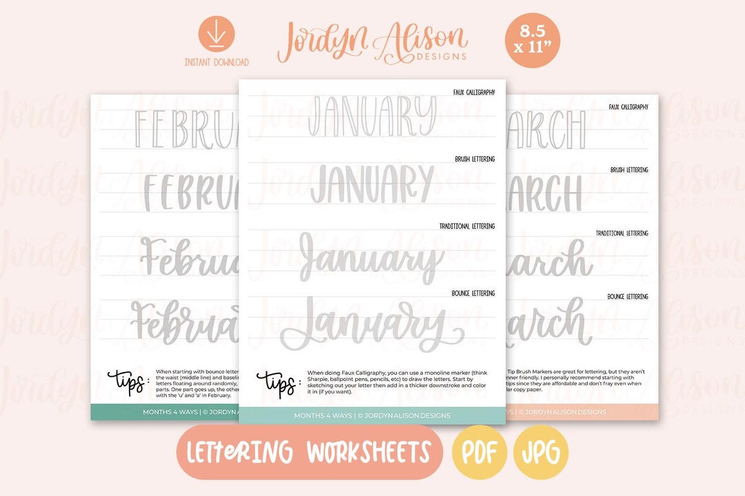 Months of the Year Lettering Worksheets, Faux Calligraphy, Brush ...
