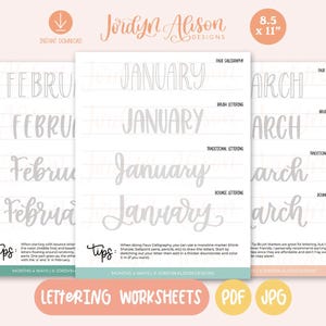 Months of the Year Lettering Worksheets, Faux Calligraphy, Brush Lettering, Bounce Lettering, Lettering Practice Sheets