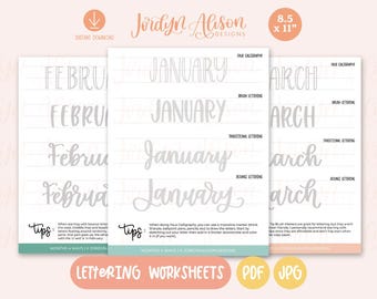 Maanden van het jaar belettering werkbladen, nepkalligrafie, penseelbelettering, stuiterende belettering, oefenbladen belettering