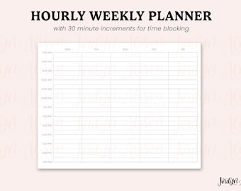 Puede incluir: Un planificador semanal horario blanco con incrementos de 30 minutos para el bloqueo de tiempo. El planificador incluye secciones para cada día de la semana, con franjas horarias de 7:00 a 19:00. El texto "Hourly Weekly Planner" está en la parte superior.