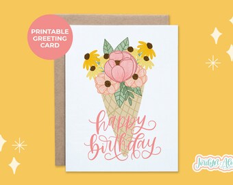 Floral Ice Cream Cone Printable Birthday Card, Printable Greeting Card, Best Friend Card, Bestie Card, Floral Card