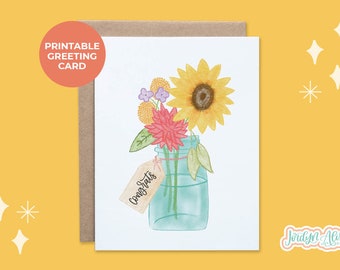 Congrats Floral Vase Printable Congrats Card, Printable Greeting Card, Best Friend Card, Bestie Card