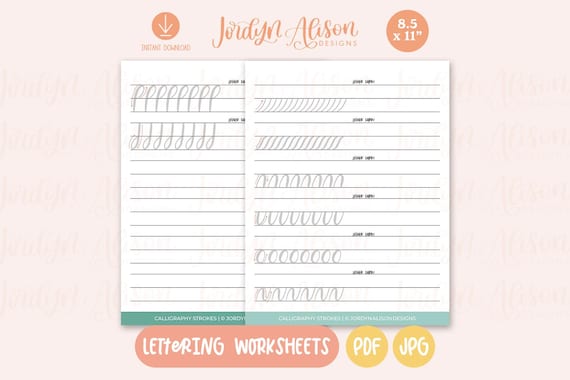 Calligraphy Strokes Lettering Practice Worksheets, Hand Lettering