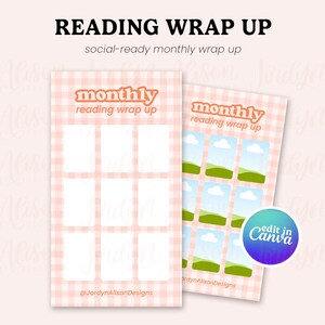 May include: Two pink and white gingham patterned reading wrap-up templates. The text "READING WRAP UP" and "social-ready monthly wrap up" are at the top. The templates have the text "monthly reading wrap up" and space for book images.