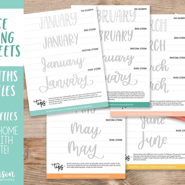 Months of the Year Lettering Worksheets, Faux Calligraphy, Brush Lettering, Bounce Lettering, Lettering Practice Sheets