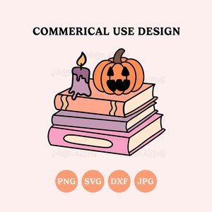 May include: A digital illustration featuring a stack of three books in peach, purple, and pink, topped with a carved orange pumpkin and a lit purple candle. The text COMMERICAL USE DESIGN appears at the top, with PNG, SVG, DXF, JPG below.