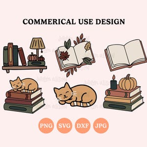 Könnte beinhalten: Ein digitales Illustrationsset mit Büchern, Kürbissen, Katzen und Herbstblättern. Der Text COMMERICAL USE DESIGN steht oben, mit den Beschriftungen PNG, SVG, DXF und JPG unten. Die Grafiken zeigen Bücherstapel, eine Lampe und schlafende Katzen.