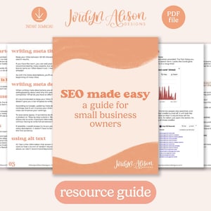 May include: A peach-colored resource guide titled "SEO made easy: a guide for small business owners" with the text "Jordyn Alison Designs" in a handwritten font. The guide includes information on writing meta descriptions, using alt text, and SEO terms.