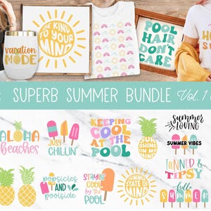 May include: A digital download bundle of 30 summer-themed designs, including SVG, PNG, JPG, and DXF files. The designs feature phrases like "Beach Please", "Aloha Beaches", "Vacation Mode", "Summer Loving", and "That Summer Feeling".