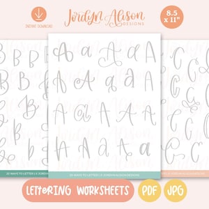 May include: Three printable worksheets for practicing calligraphy. Each worksheet features 20 different ways to write the letters B, A, and C in a cursive style. The worksheets are 8.5 inches by 11 inches.