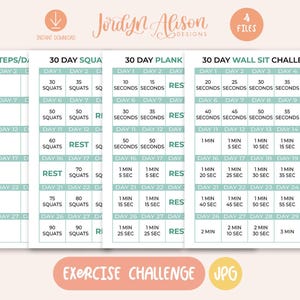 May include: Four printable workout challenge cards with a teal and white color scheme. The cards feature 30-day challenges for squats, planks, wall sits, and 8k steps. Each card has a grid with days 1-30 and corresponding exercise instructions.