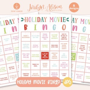 Urlaubsfilm-Bingokarten, Weihnachtsfilm-Bingo, druckbares Urlaubspartyspiel, Freunde-Urlaubsparty, Filmspielabend