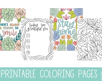 4 Printable Coloring Pages, Stay Home, Grateful, Adult Coloring, Coloring Pages for Children, Holiday Coloring Pages, Instant Download