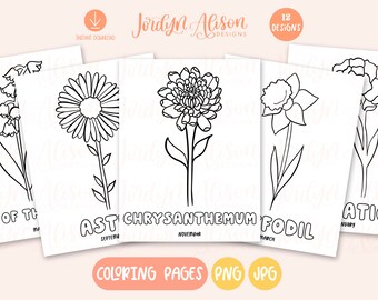 12 Birth Month Flower Coloring Pages, Coloring Pages for Kids, Coloring Pages for Adults, Coloring Page Bundle