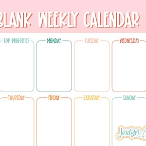 Blank Weekly Calendar Template Simple Calendar, Printable Calendar Pages, Weekly Work Schedule Template, Weekly To Do List Printable image 1