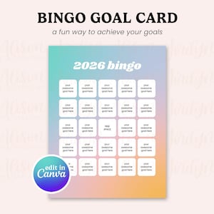 Peut inclure: Une carte de bingo imprimable avec un fond dégradé rose, bleu et orange. La carte est intitulée "2026 bingo" et comporte 25 cases. Chaque case contient un cercle blanc avec le texte "votre objectif génial ici". La case centrale indique "ESPACE LIBRE".