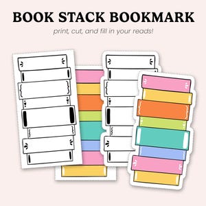 Może przedstawiać: Zakładki do książek w kształcie stosu książek z tekstem "BOOK STACK BOOKMARK" i "print, cut, and fill in your reads!". Obraz przedstawia kilka kolorowych stosów książek w kolorze różowym, pomarańczowym, żółtym, zielonym i niebieskim. Dostępne są również szablony zakładek.