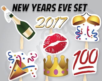 Emoji on a Stick - New Years Set Party Photobooth Prop - Large 7 Piece Set (Approx. 8 inch) - Pre-Assembled NO GLUING NECESSARY