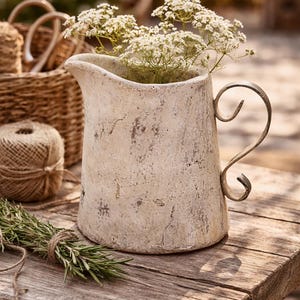 Könnte beinhalten: Eine rustikale, cremefarbene Keramikkrug mit einem gebogenen Metallgriff, gefüllt mit weißen Blumen. Der Krug steht auf einem verwitterten Holztisch, mit Rosmarin und einem Korb im Hintergrund. Ein charmantes Wohnaccessoire im Vintage-Stil.