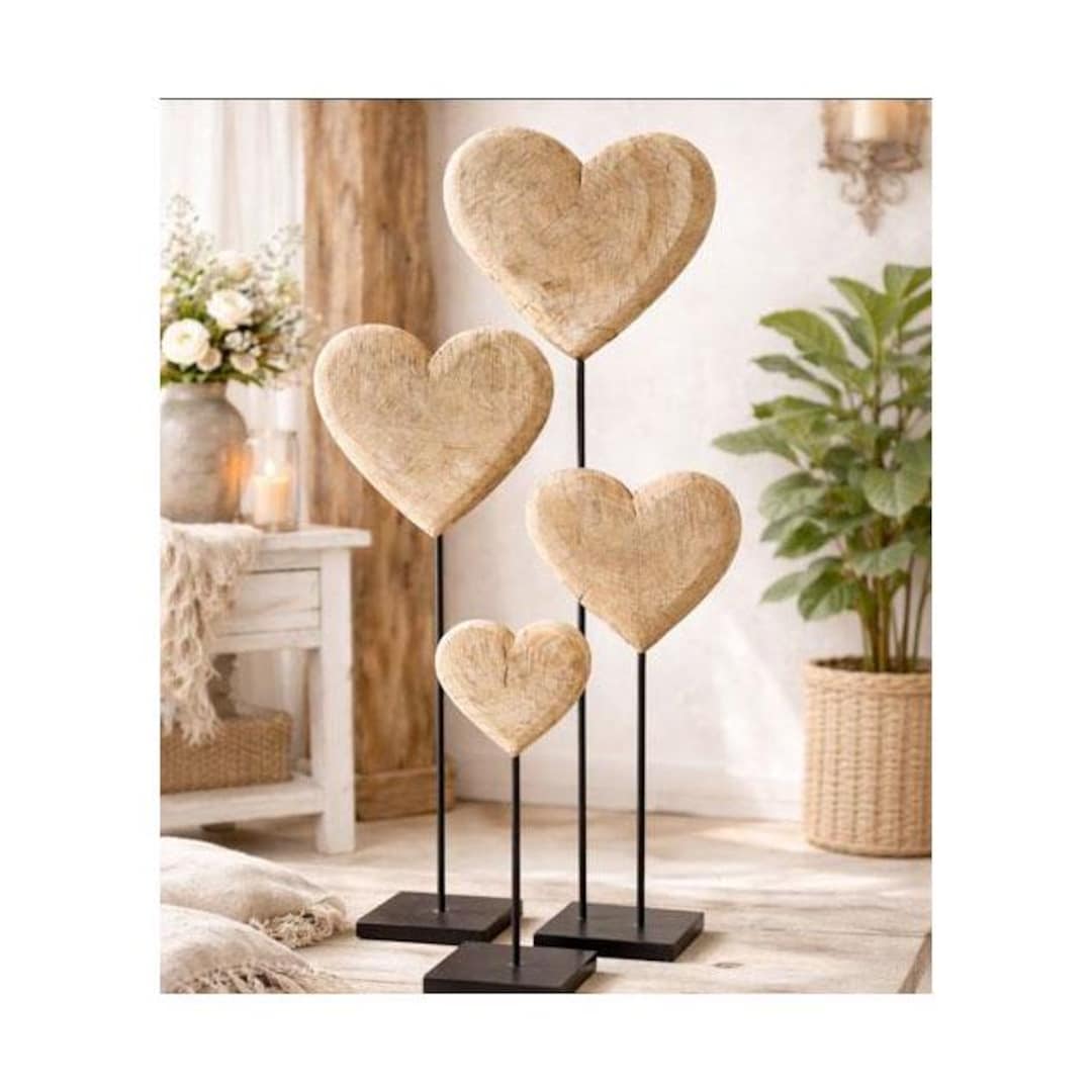 Massivholz Herz auf Metallständer 3 Größen| Handgefertigte Holzdeko | Natürliches Herz Geschenk Valentinstag