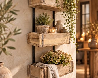 May include: A three-tiered wall-mounted shelving unit made of light-colored, weathered wood with dark metal accents. The shelves hold a trailing green plant, a potted herb, a glass candle holder, ceramic vessels, flowers, and a striped cloth.