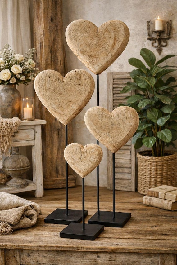 Massivholz Herz Auf Metallständer 3 Größen| Handgefertigte Holzdeko | Natürliches Herz Geschenk Valentinstag