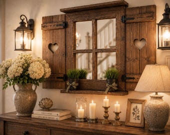 Fensterladen Spiegel Wandspiegel mit Türen Spiegelfenster Landhausstil Chalet Hotel Deko Berghütte Berghüttenstil Allgäu Hirsch Berge