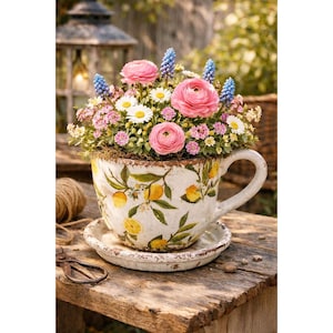 Könnte beinhalten: Eine dekorative Teetasse mit einer Vielzahl bunter Blumen, darunter rosa Rosen, Gänseblümchen und blaue Traubenhyazinthen. Die Teetasse hat eine weiße Basis mit einem Zitronen- und Blättermuster. Die Teetasse steht auf einer passenden Untertasse auf einer Holzoberfläche.