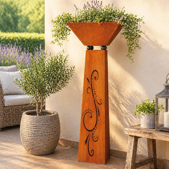 Blumensäule Edelrost mit Schale – Moderne Pflanzsäule aus Metall für Garten & Hauseingang – Rost Deko Säule hoch – Gartendeko Stele Hotel