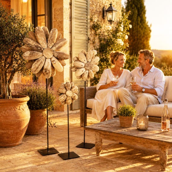 Holzblumen auf Metallfuß 3 verschiedene Größen Deko Dekoration Holzliebe Chalet Hotel Landhaus Wohnakzente Wohndeko
