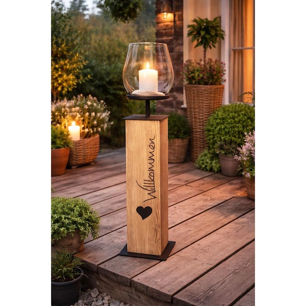 Altholz Säule mit Eisen Windlicht oder Glas Vase – rustikale Deko Säule im Industrial Stil – Kerze oder Blumen – Höhe 107 cm