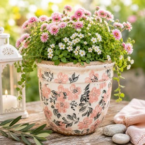 Blumentopf Vintage Rosa Blumen | Pflanzgefäß Keramik Landhausstil | Cottage Garden Deko | Übertopf für Blumen & Kräuter