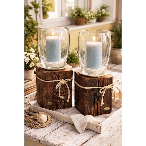 Kerzenständer Kerzenhalter Windlicht Glas Massivholz Altholz Balken Holzbalken Hirsch Dekosäule Holzblock Holzklotz Berghütte Landhaus Herz