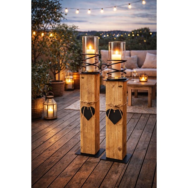 Altholz Säule mit Eisen Windlicht oder Glas Vase – rustikale Deko Säule im Industrial Stil – Kerze oder Blumen –