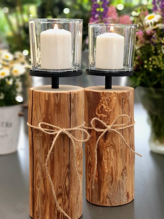 Kerzenständer Kerzenhalter Windlicht Glas Massivholz Altholz Balken Holzbalken Hirsch Dekosäule Holzblock Holzklotz Berghütte Landhaus Herz