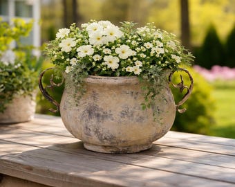 Blumentopf Creme Vintage Keramik – Nostalgischer Pflanztopf im Landhausstil – Shabby Chic Übertopf mit Griffen – Dekorativer Blumenübertopf